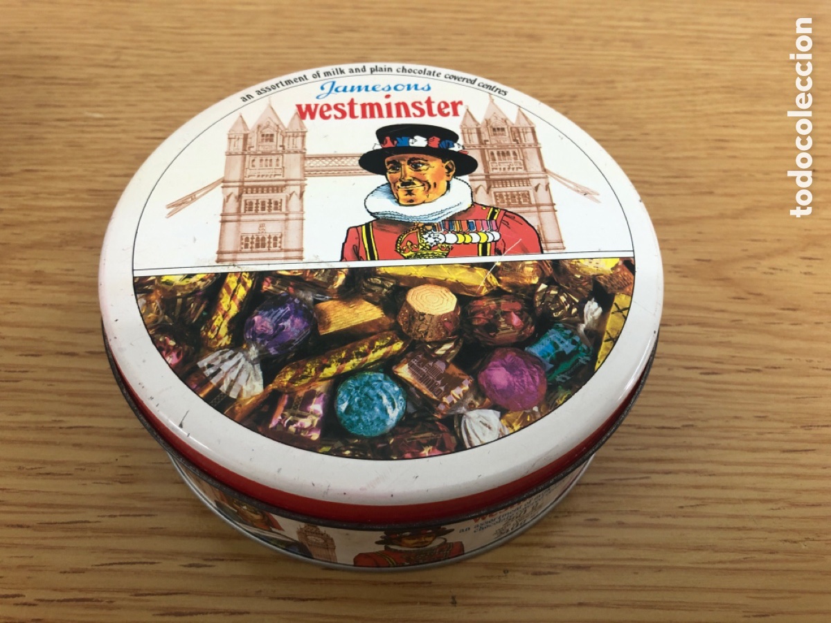 Bo&icirc;tes et petites bo&icirc;tes m&eacute;talliques: Caja met&aacute;lica bombones Jameson Westminster vintage