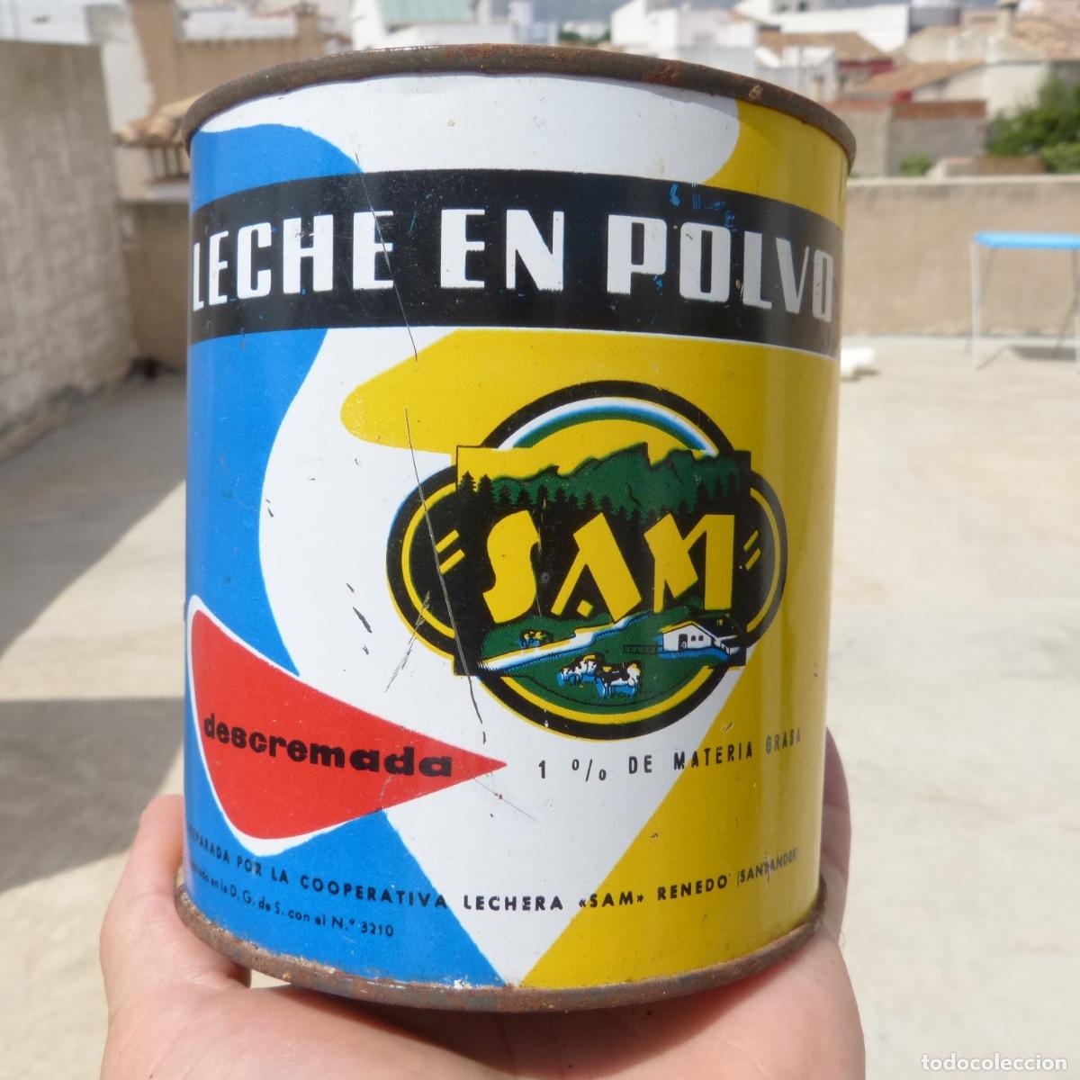Blechdosen und Kisten: Antiguo bote de leche en polvo SAM , 1972 , 55 ptas , envase de 500 gr, 12x10,8cm , 139gr vacio.
