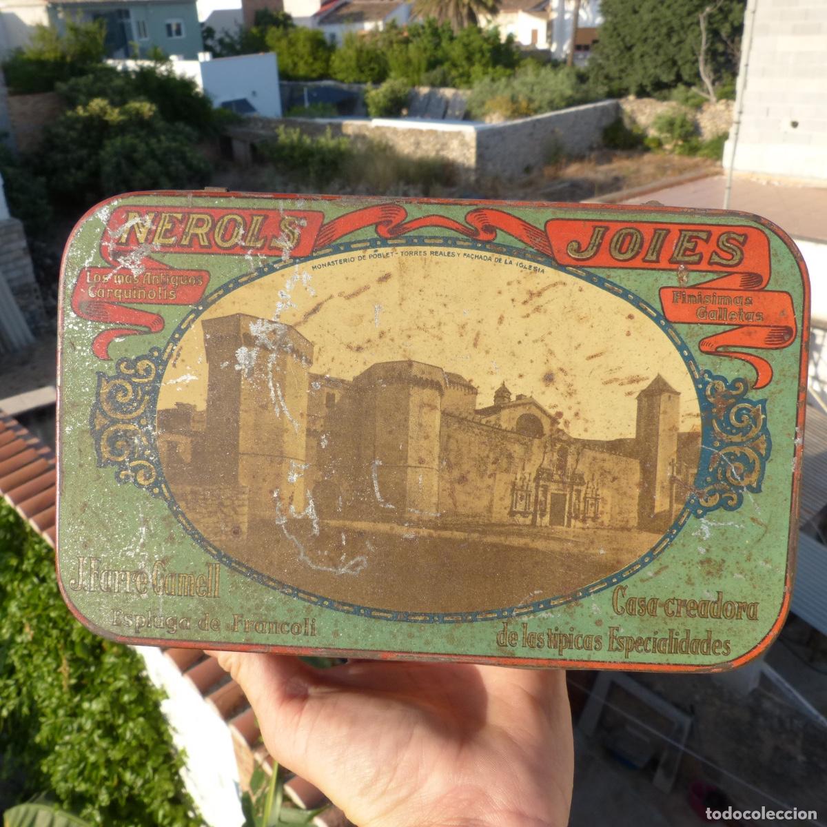 Blechdosen und Kisten: Antigua caja de hojalata , Nerols Joies, J farre Gamell, Espluga de Francoli, carqui&ntilde;olis, Poblet.