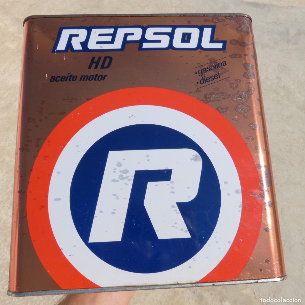 Boxes and metal boxes: Lata de aceite de motor, 5 lt, Repsol gasolina y di&eacute;sel , HD. Vacia.