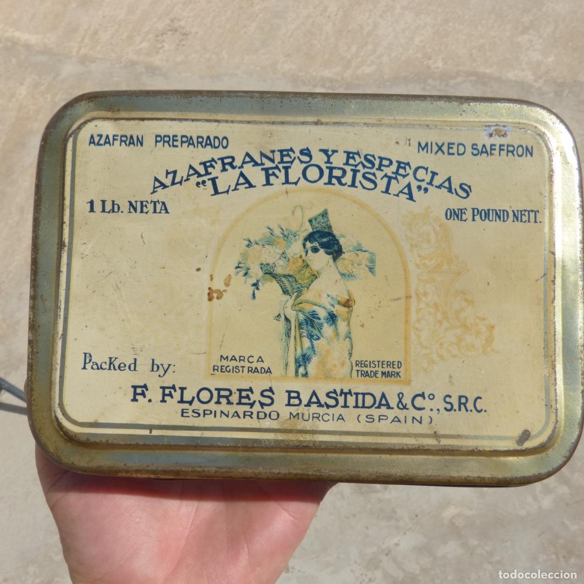 Boxes and metal boxes: Antigua caja de hojalata, Azafranes y especias, La Florista, Bastida, Espinardo Murcia, 18x13x6,5cm