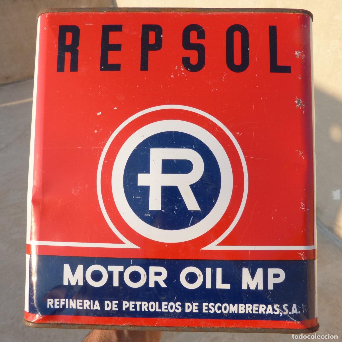Caixas e caixinhas met&aacute;licas: Antigua lata de Repsol 5 lt, motor oil mp , 133,50 ptas. vacia.