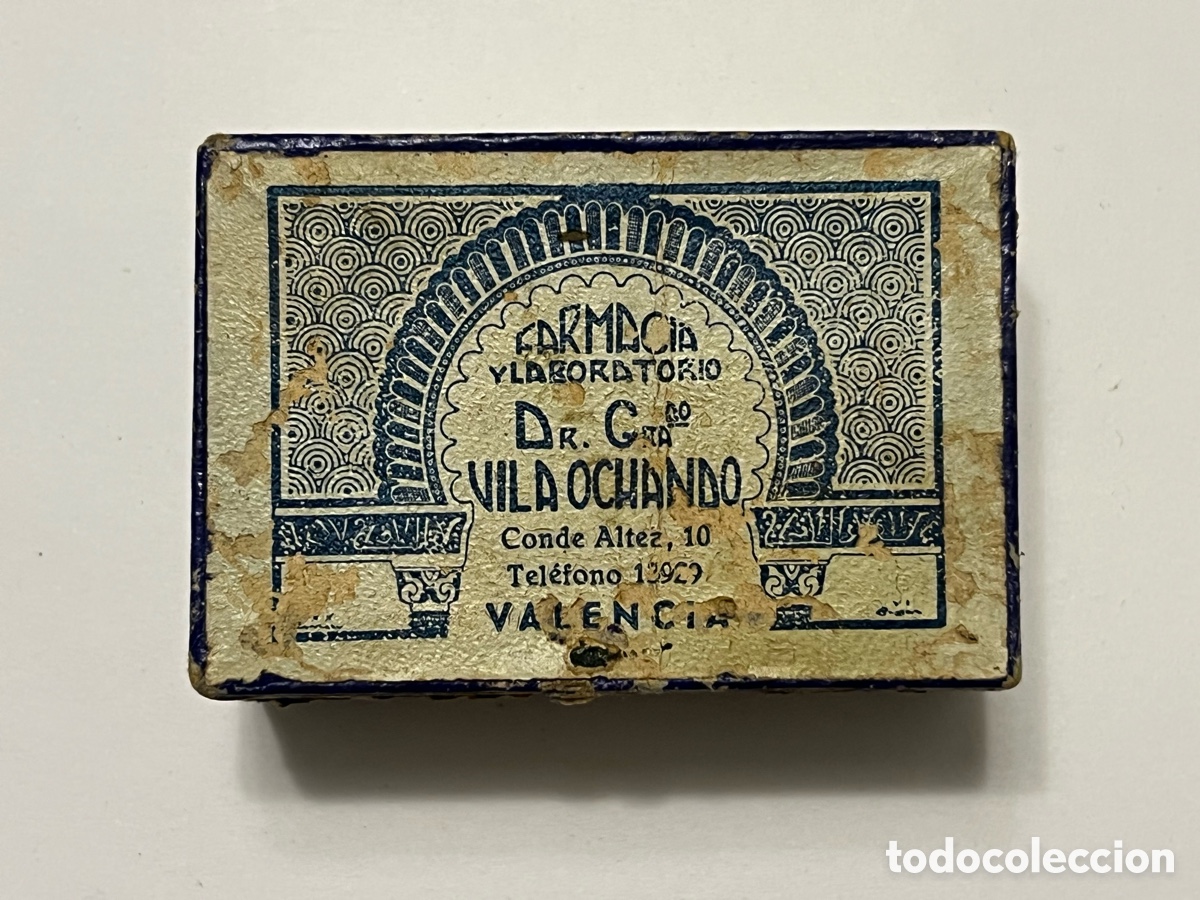Boxes and metal boxes: VALENCIA. Farmacia Dr. Vila Ochando.. Conde Altea.. Cajita producto farmac&eacute;utico (h.1900?)