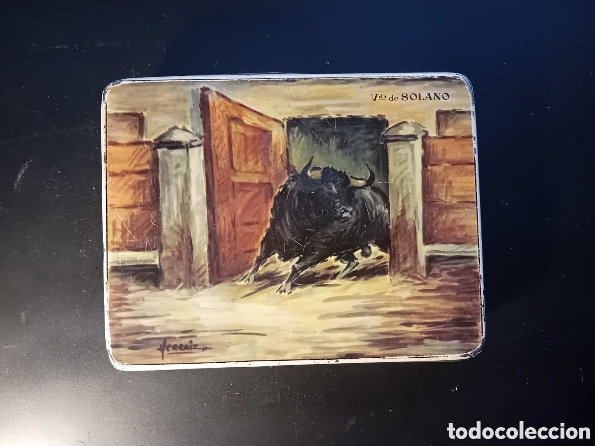 Boxes and metal boxes: CAJA VIUDA DE SOLANO CON MOTIVOS TAURNOS DIBUJO DE HERRAIZ. VDA DE SOLANO. CAJA MET&Aacute;LICA. CHAPA