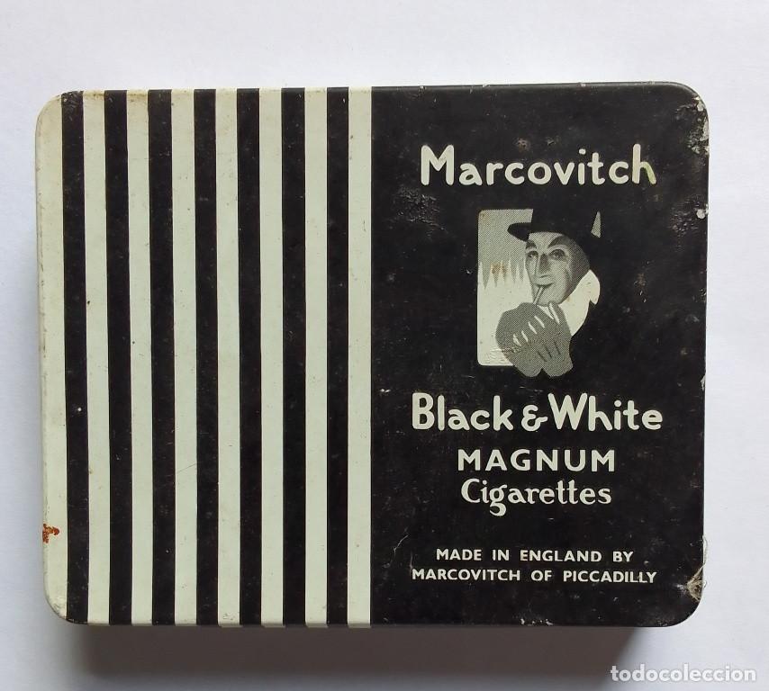 Cajas y cajitas met&aacute;licas: Lata vintage Marcovitch Black & White Magnum Cigarettes