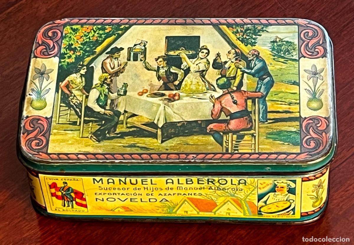 Caixas e caixinhas met&aacute;licas: ANTIGUA CAJA DE HOJALATA LITOGRAFIADA CON PUBLICIDAD DE MANUEL ALBEROLA EXPORTACION DE AZAFRANES,
