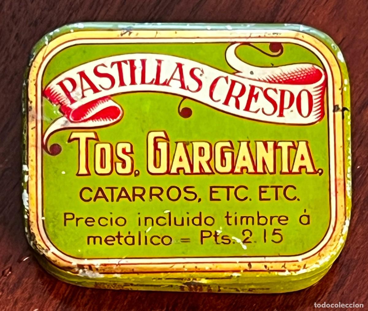 Boxes and metal boxes: ANTICUA CAJA DE HOJALATA LITOGRAFIADA FARMACIA, PASTILLAS CRESPO PARA LA TOS GARGANTA LATA MEDICAMEN