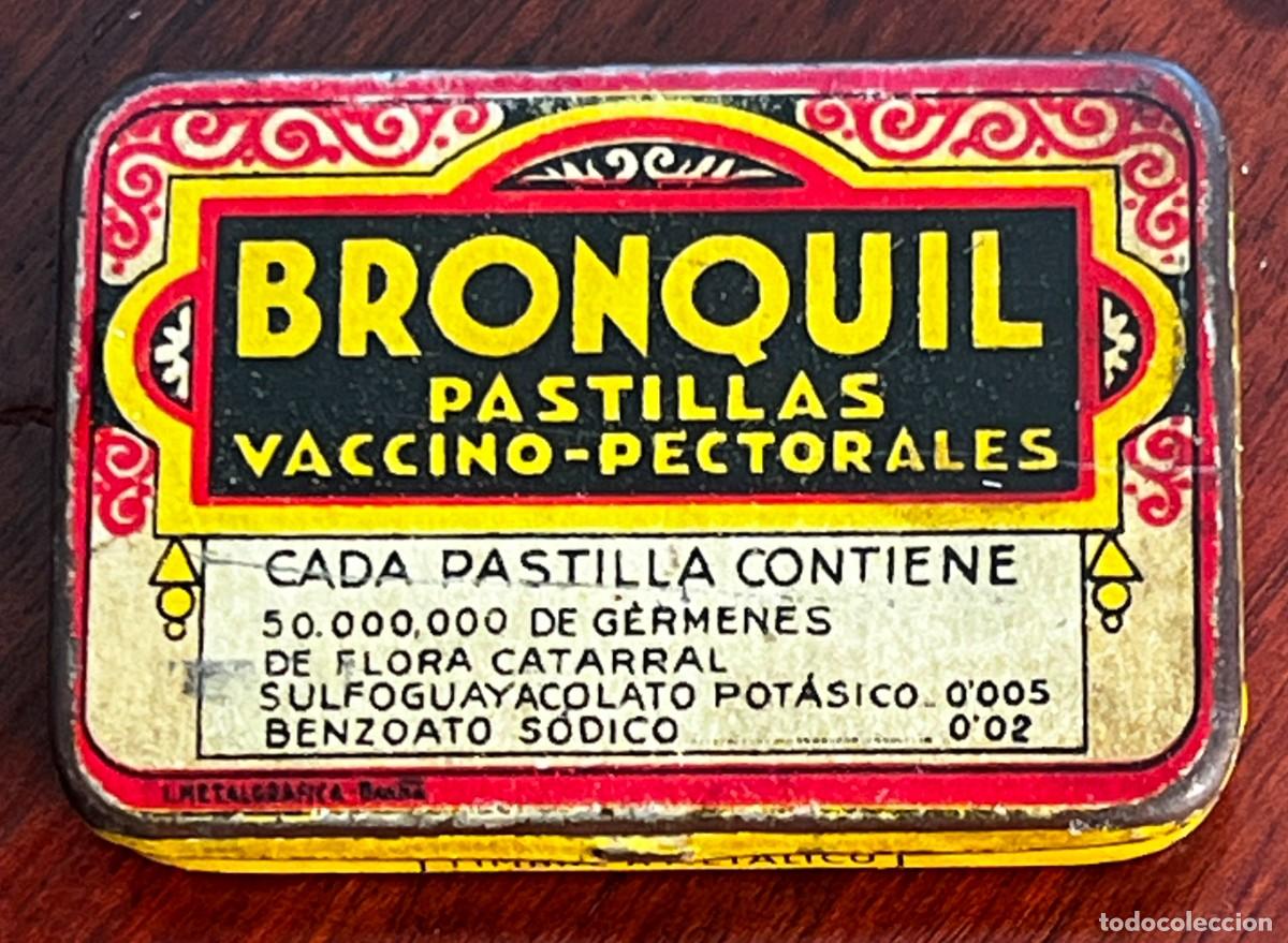 Boxes and metal boxes: ANTIGUA CAJA DE HOJALATA LITOGRAFIADA FARMACIA, PASTILLAS BRONQUIL, VACCINO PECTORALES MIDE 6,5 X 4,