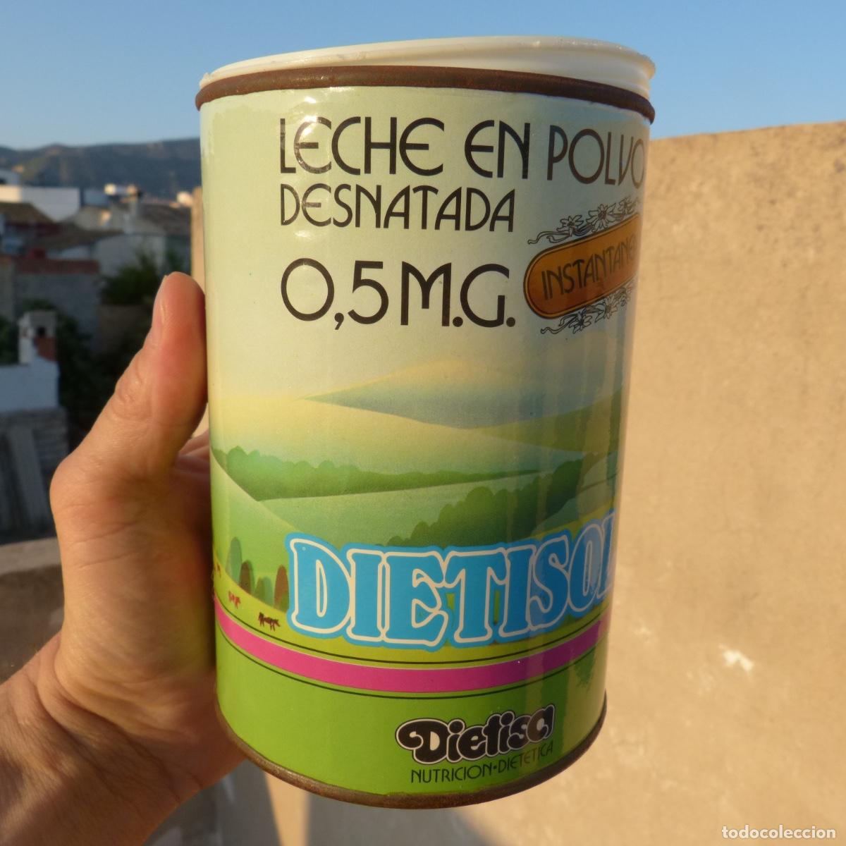 Casse e cassette metalliche: Bote de leche en polvo desnatada Dietisol, 250Ptas, vac&iacute;o, 1981?