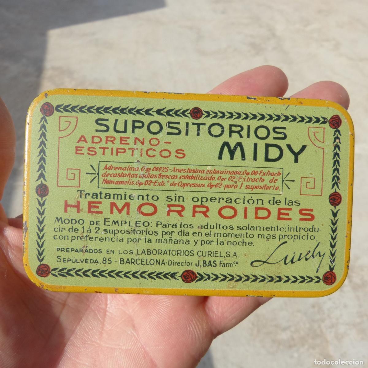 Cajas y cajitas met&aacute;licas: Antigua cajita de hojalata, supositorios Midy , hemorroides, laboratorios curiel, 10,2x6,3x2cm