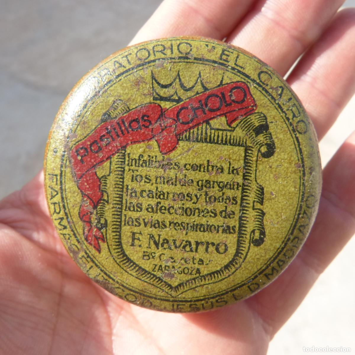 Cajas y cajitas met&aacute;licas: Antigua cajita de hojalata, pastillas Cholo, laboratorios El Cairo, f navarro , Zaragoza, una peseta