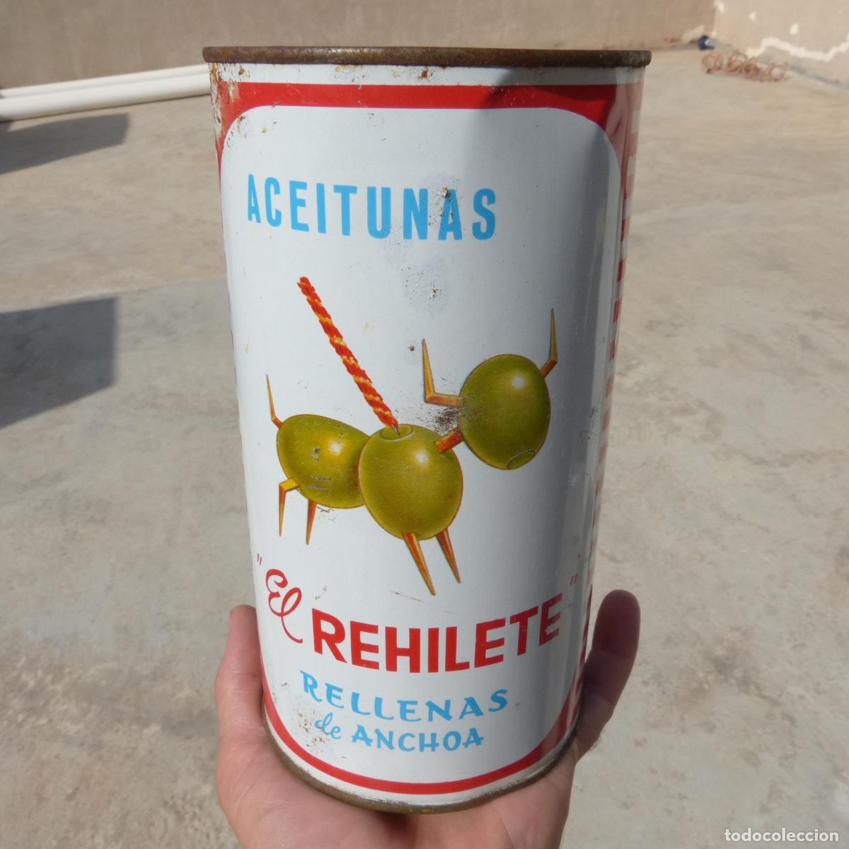 Cajas y cajitas met&aacute;licas: Antigua lata de aceitunas rellenas de anchoa, El Rehilete, Caudete, Albacete, la pastora s.l