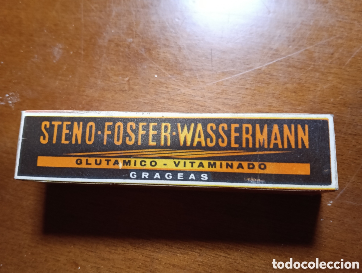 Casse e cassette metalliche: Antigua cajita de F&oacute;sforo Wassermann Vitaminas, mide 9 x 2 x 2 cm.