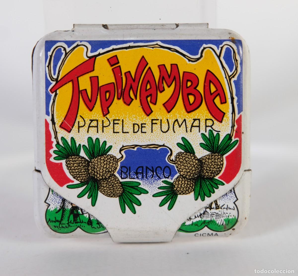 Cajas y cajitas met&aacute;licas: Caja de lata litografiada Papel de fumar Tupinamba Blanco a&ntilde;os 80