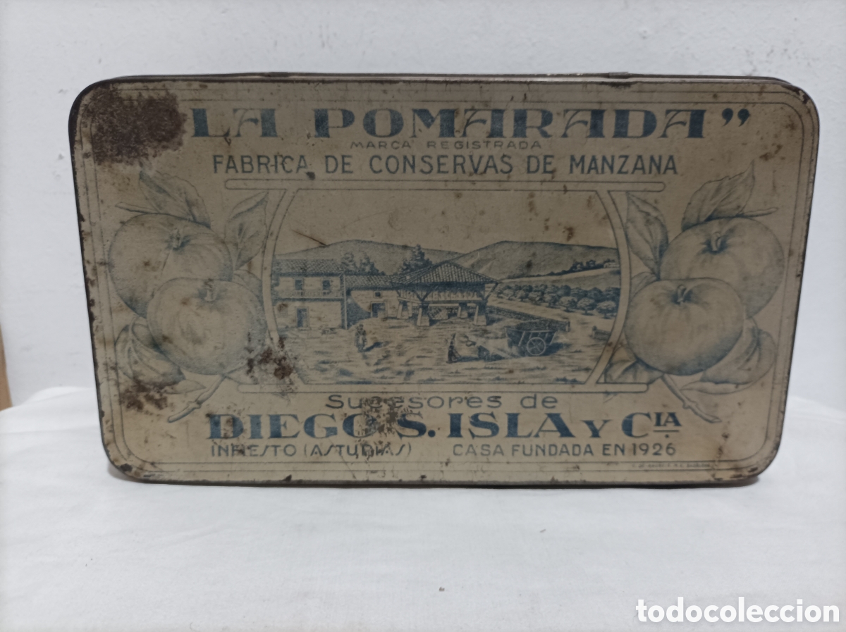 Cajas y cajitas met&aacute;licas: La pomarada. Infiesto. Asturias. Pasta de manzana. Caja litografiada.