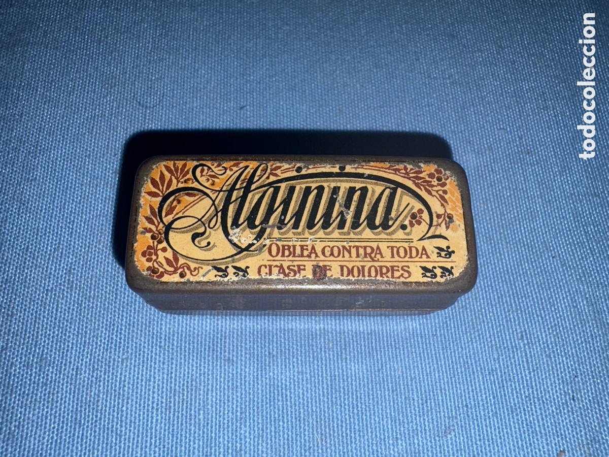 Cajas y cajitas met&aacute;licas: ANTIGUA CAJA ALGININA*OBLEA CONTRA TODA CLASE DE DOLORES*,VER FOTOS