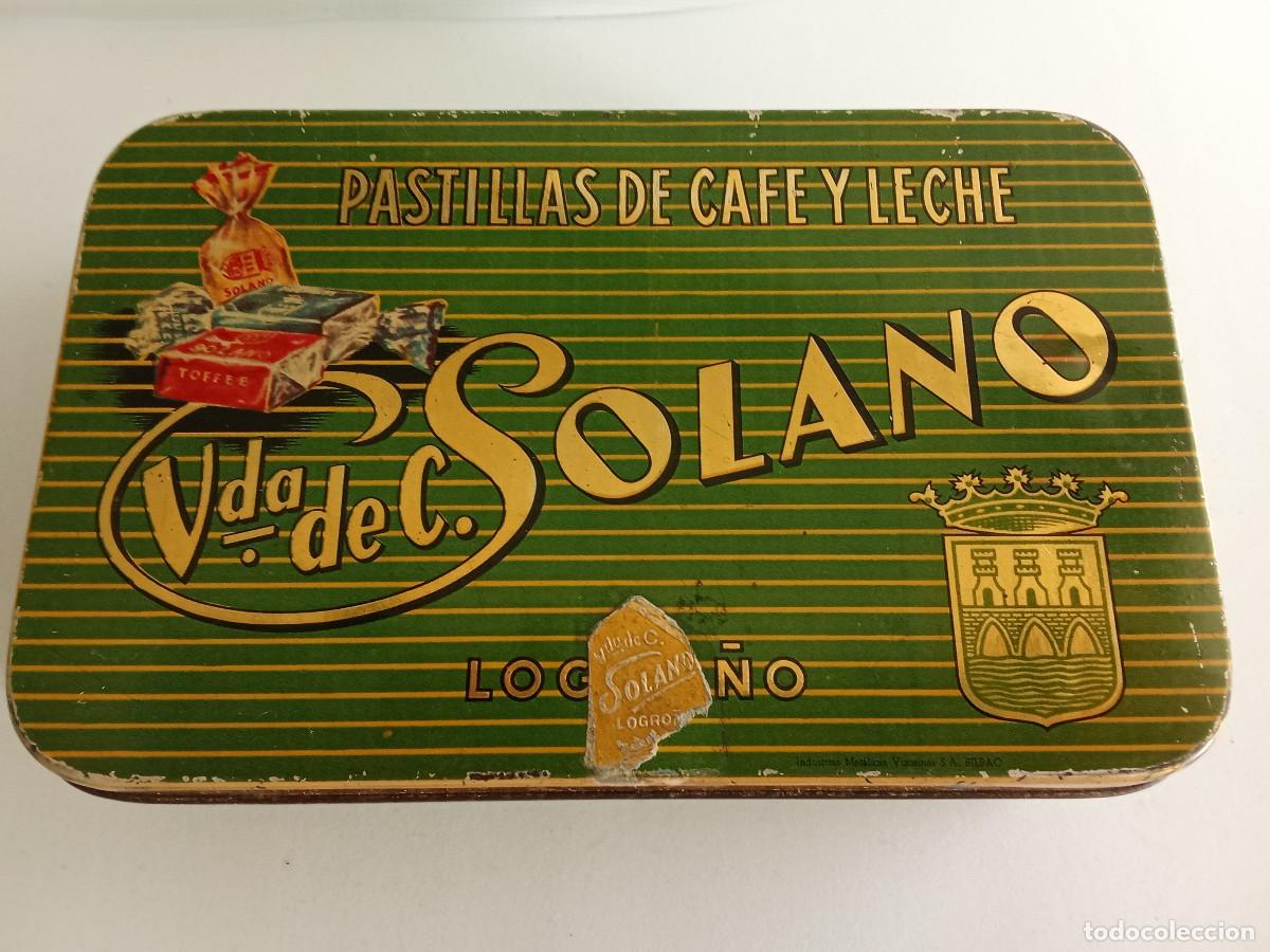 Boxes and metal boxes: Antigua caja hojalata litografiada pastillas de caf&eacute; y leche Vda. de Solano Logro&ntilde;o