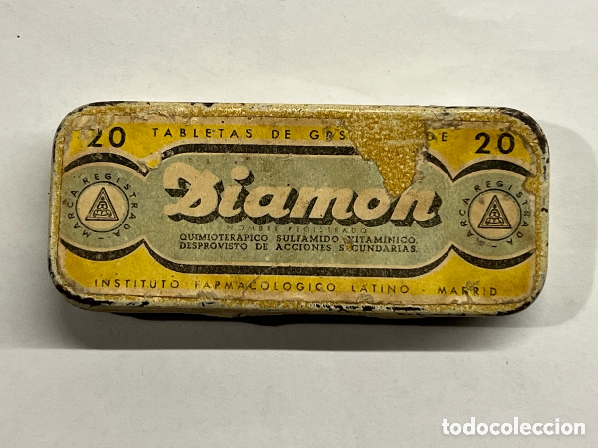 Caixas e caixinhas met&aacute;licas: DIAMON. Instituto Farmacol&oacute;gico Latino de Madrid (h.1920?) Cajita met&aacute;lica. Med&iacute;das: 1 x 3 x 7 cm.