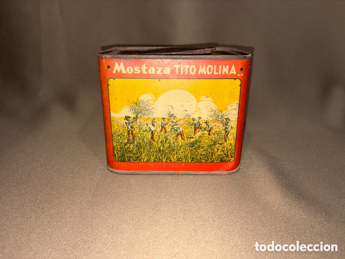 Cajas y cajitas met&aacute;licas: ANTIGUA LATA MOSTAZA TITO MOLINA ALCAL&Aacute; DE HENARES MADRID MIDE 15x12x12 CMS