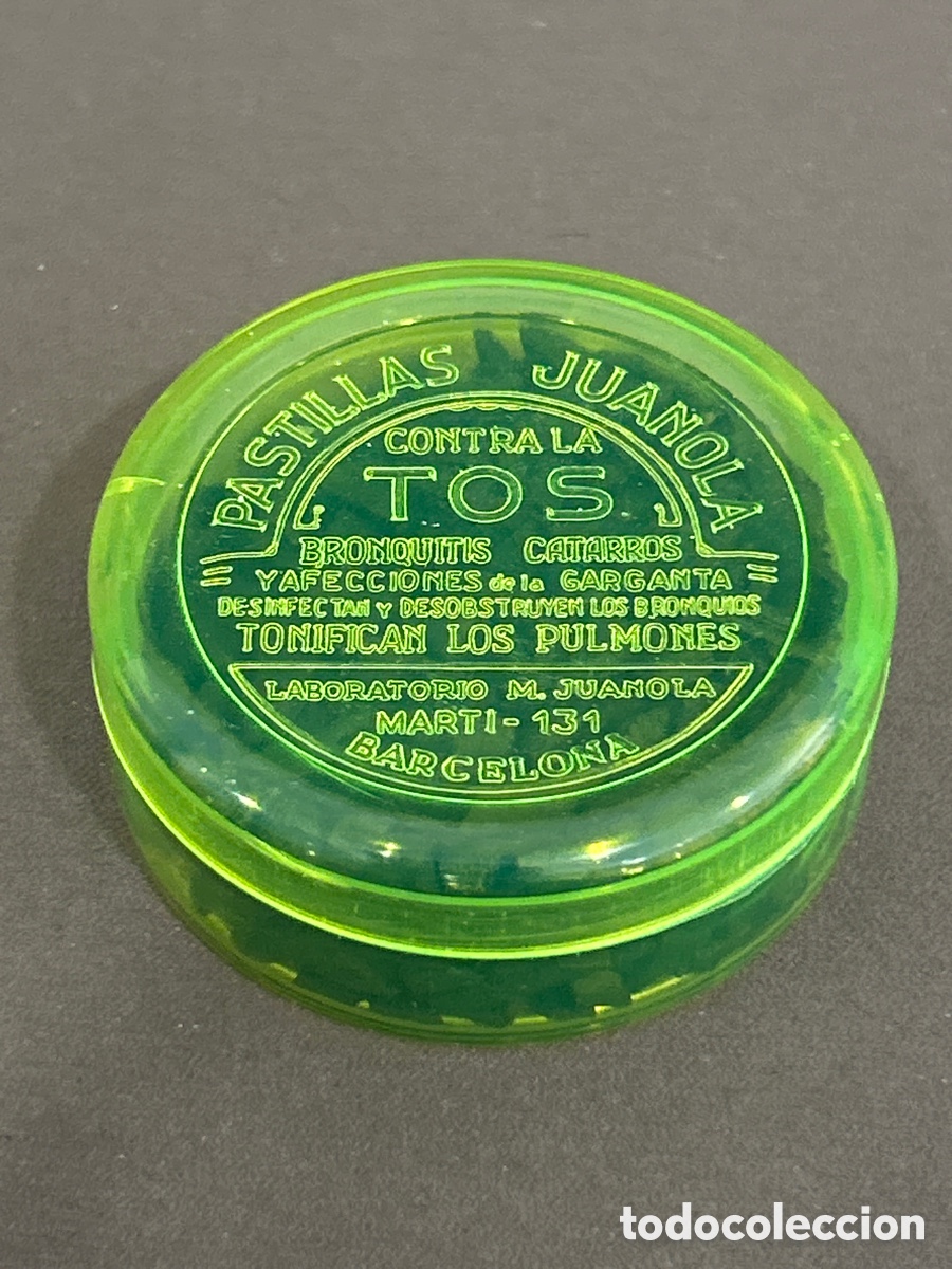 Blechdosen und Kisten: CAJA VERDE FOSFORITO PASTILLAS JUANOLA CONTRA LA TOS BRONQUITIS CATARROS M MART&Iacute; 131 BARCELONA*LLENA