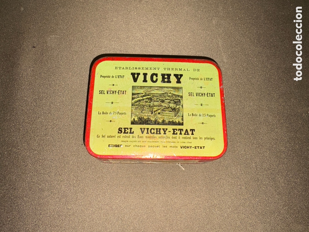 Blechdosen und Kisten: Antigua Caja de lata de Farmacia, Vichy, Extracto de Aguas Naturales, Franc&eacute;s, unos 14 x 8 x 5 cms.