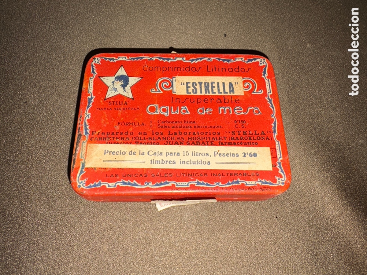 Blechdosen und Kisten: Antigua caja&ldquo;Comprimidor Litrador Estrella&rdquo;&ndash; producto farmac&eacute;utico Barcelona&ndash;a&ntilde;os 40/50*llena*