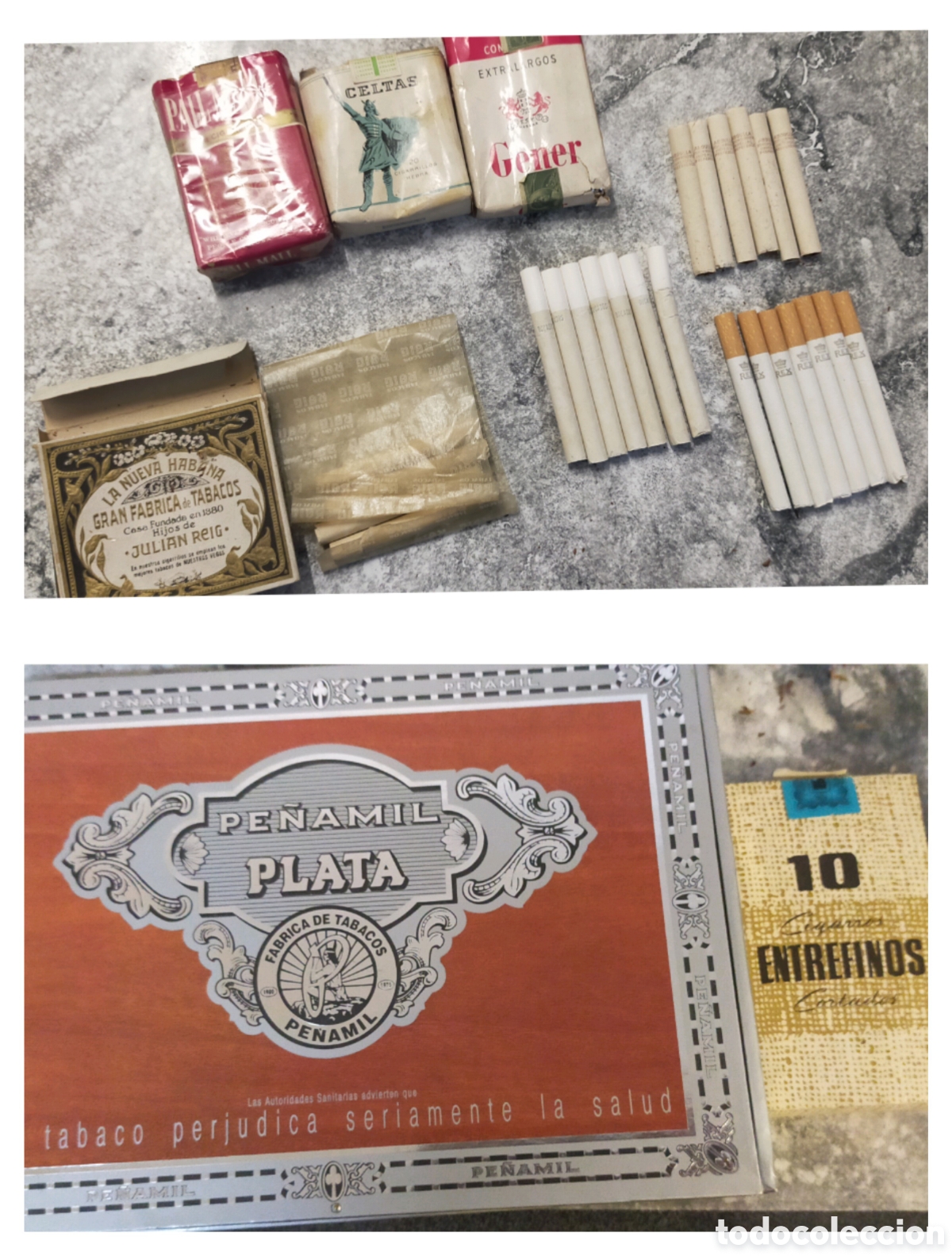 Bo&icirc;tes et petites bo&icirc;tes m&eacute;talliques: Lote de tabaco, cajetillas y cigarros sueltos
