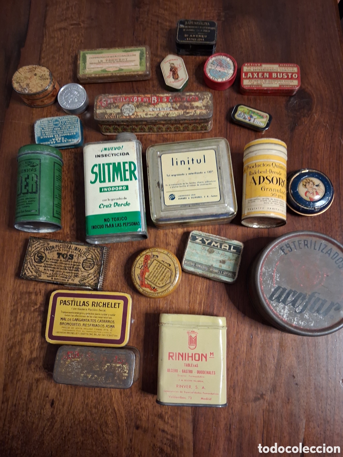Cajas y cajitas met&aacute;licas: 23 LATAS ANTIGUAS DE MEDICAMENTOS - Foto 1