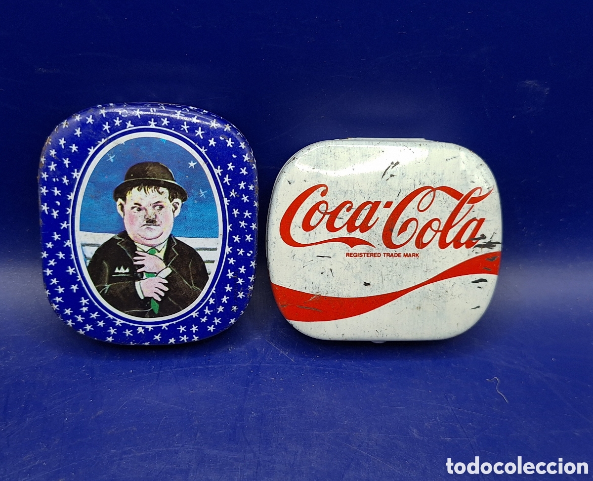Boxes and metal boxes: Pareja de Cajas Met&aacute;licas tipo Pastillero de Oliver Hardy - El Gordo - Coca Cola -