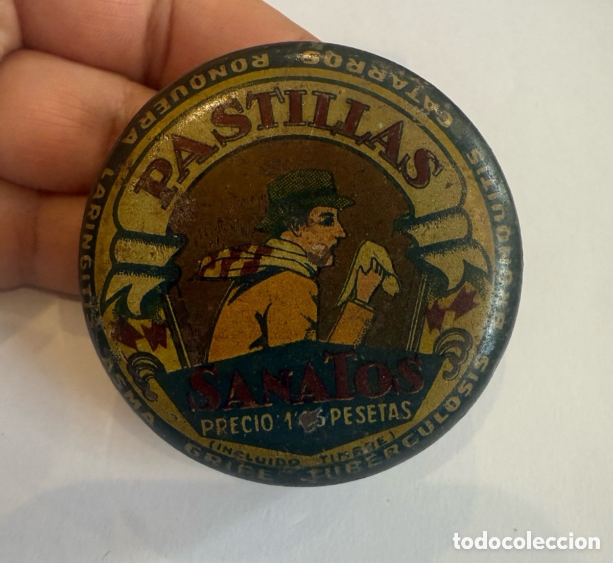 Cajas y cajitas met&aacute;licas: ANTIGUA CAJA DE PASTILLAS SANATOS PARA TOS, ASMA...CON PASTILLAS SIN ABRIR. PRECINTADA.
