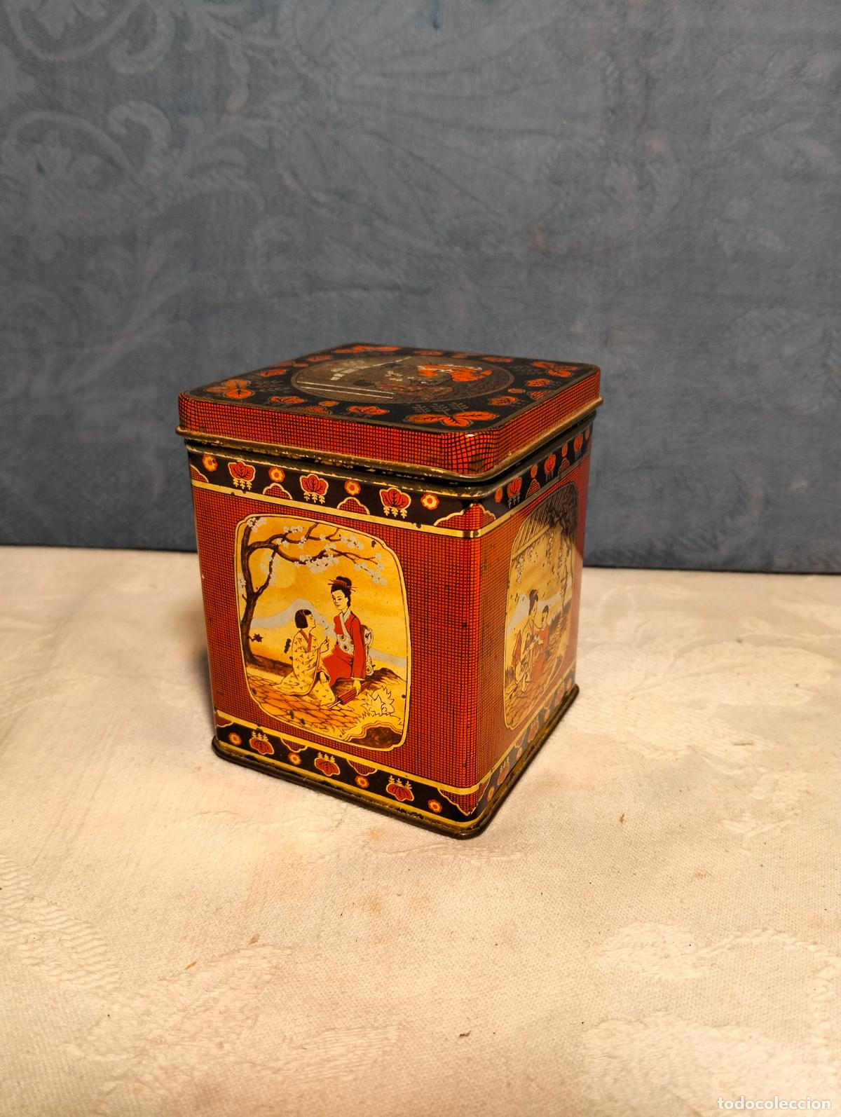 Blechdosen und Kisten: Caja de t&eacute; peque&ntilde;a de metal met&aacute;lica litografiada vintage motivos asi&aacute;ticos chinos