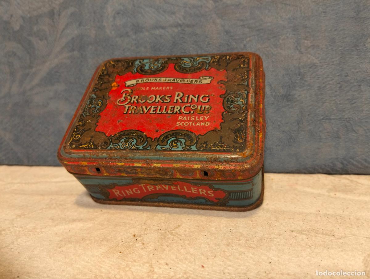 Cajas y cajitas met&aacute;licas: Antigua caja cajita de metal litografiada Brooks ring traveller C&ordm; Ltd Paisley Scotland travellers