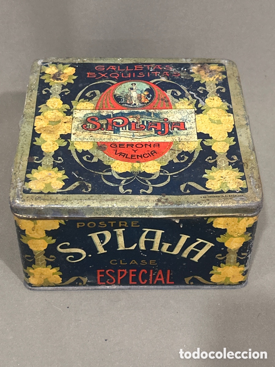 Cajas y cajitas met&aacute;licas: ANTIGUA CAJA CHAPA, S. PLAJA, GALLETAS EXQUISITAS, GERONA Y VALENCIA