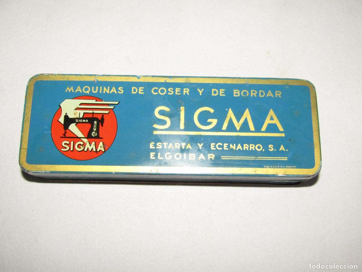 Cajas y cajitas met&aacute;licas: Antigua Caja en Hojalata Litografiada de M&aacute;quinas de Coser SIGMA Litograf&iacute;a G DE ANDREIS Badalona