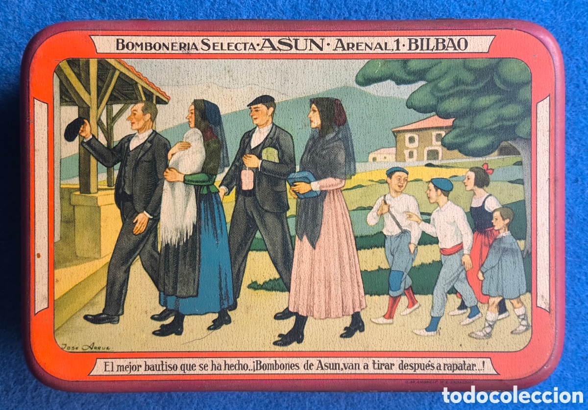 Cajas y cajitas met&aacute;licas: LATA G. ANDREIS PUBLICIDAD BOMBONERIA ASUN BILBAO ILUSTRADOR J. ARRUE FOLKLORE VASCO