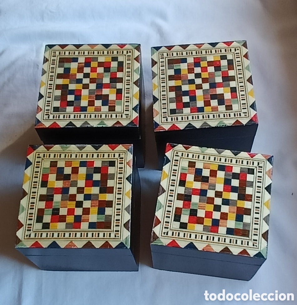 Cajas y cajitas met&aacute;licas: Lote de 4 cajas de madera, - tapa marqueter&iacute;a