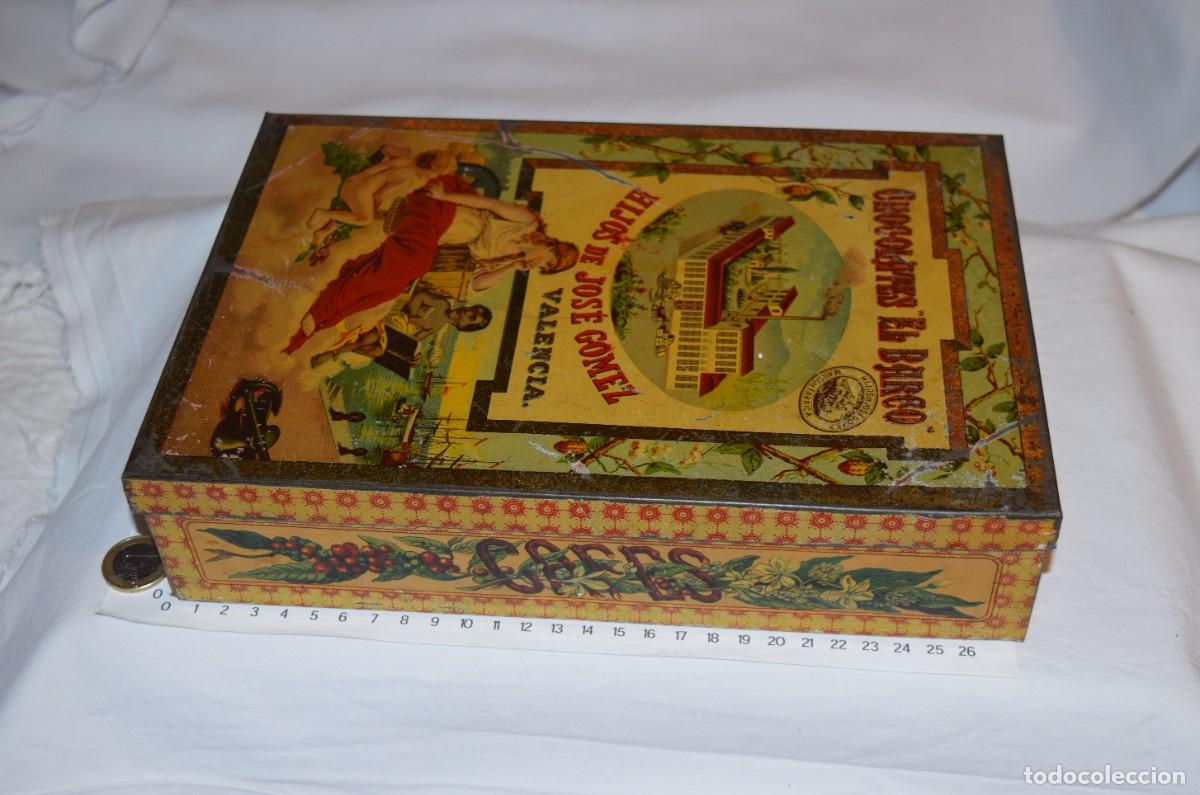 Cajas y cajitas met&aacute;licas: Caja, Chocolates &rdquo;EL BARCO&rdquo; - Hijos de JOS&Eacute; G&Oacute;MEZ / Valencia - Hojalata policromada - &iexcl;Muy DIF&Iacute;CIL!