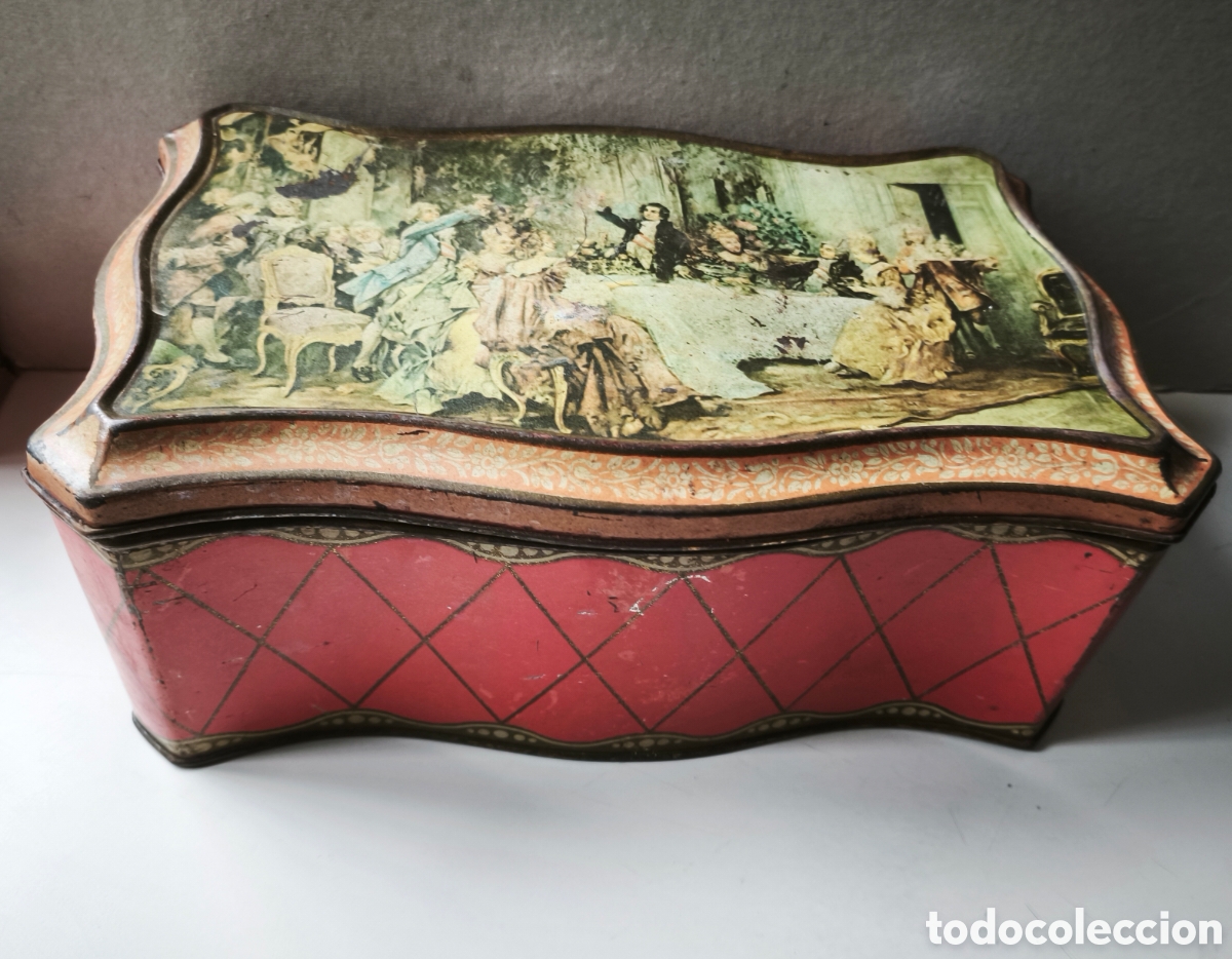 Cajas y cajitas met&aacute;licas: Preciosa caja de chapa, pintada, de mediados del S.XX. Gran pieza de colecci&oacute;n.