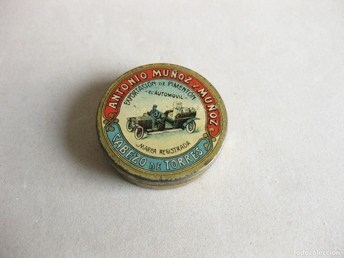 Cajas y cajitas met&aacute;licas: ANTIGUA CAJA DE LATA LITOGRAFIADA DE PIMENT&Oacute;N EL AUTOMOVIL. ANTONIO MU&Ntilde;OZ. CABEZO DE TORRES. MURCIA