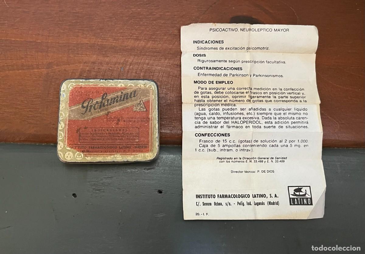 Cajas y cajitas met&aacute;licas: ANTIGUA CAJA DE METAL AMPOLLAS PROFAMINA FARMACIA MADRID+PROSPECTO