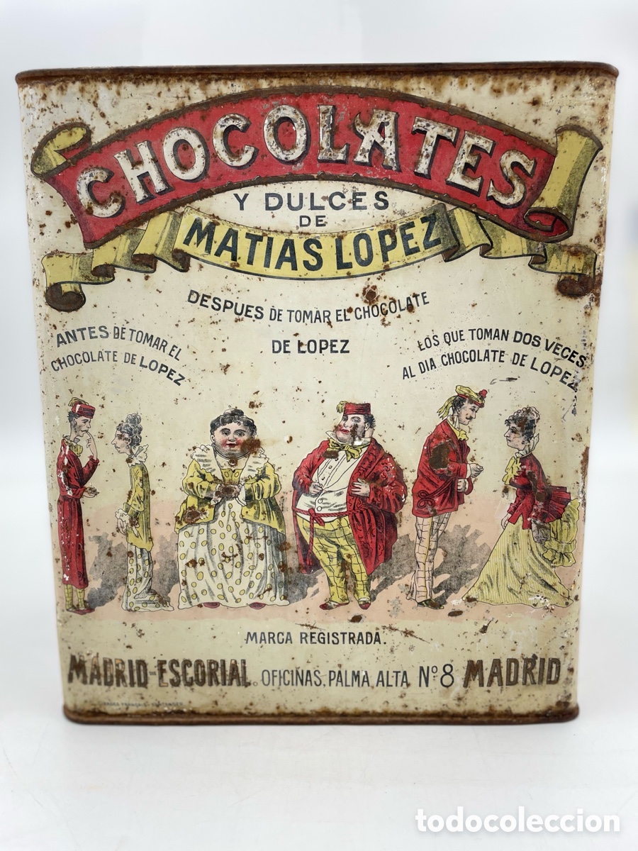 Cajas y cajitas met&aacute;licas: Lata antigua Chocolates Mat&iacute;as L&oacute;pez. Siglo XIX.