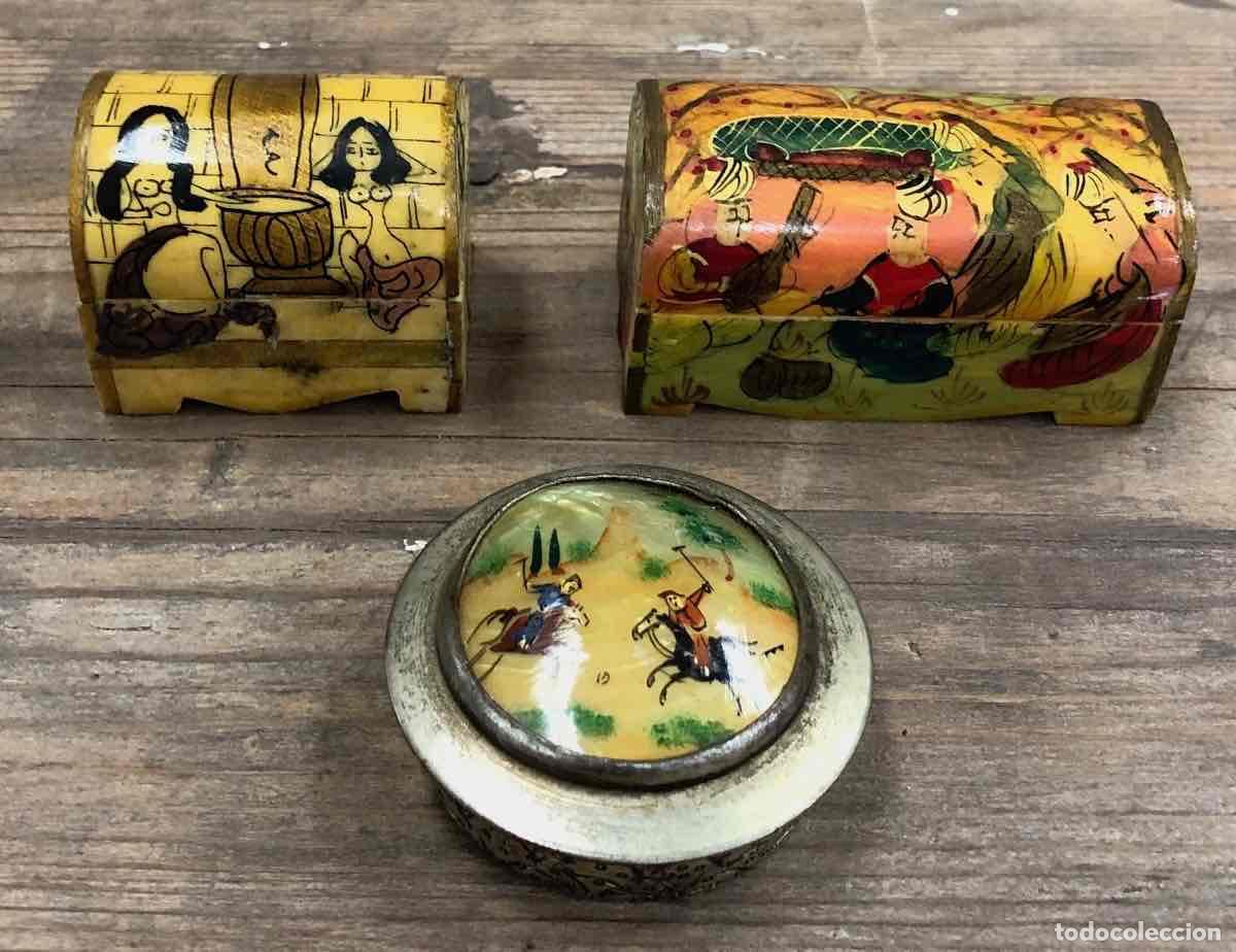Cajas y cajitas met&aacute;licas: LOTE DE 3 CAJAS ASIATICAS CON ESCENAS PINTADAS A MANO