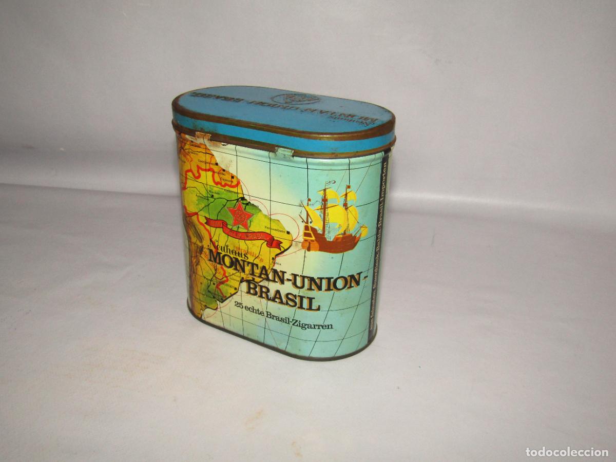 Cajas y cajitas met&aacute;licas: Antigua Caja de 25 Puros en Hojalata Litografiada MONTAN-UNION BRASIL