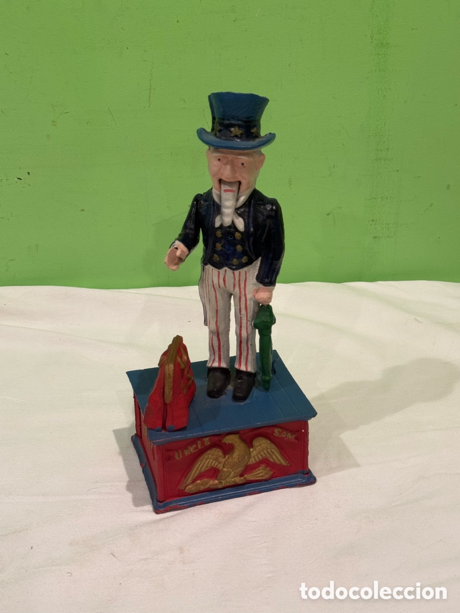 Cajas y cajitas met&aacute;licas: Antigua hucha mec&aacute;nica Uncle Sam T&iacute;o Sam hierro fundido original