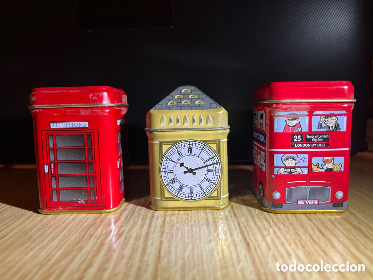Cajas y cajitas met&aacute;licas: 3x cajitas met&aacute;licas de t&eacute;. Recuerdo de Londres. London Souvenirs. Big Ben, Bus, cabina telef&oacute;nica