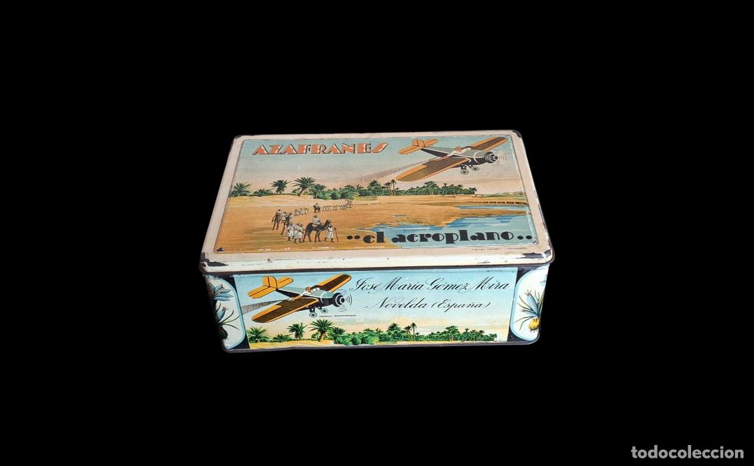 Cajas y cajitas met&aacute;licas: (LA-260406)LATA LITOGRAFIADA AZAFRANES EL AEROPLANO - JOSE MARIA GOMEZ MIRA (NOVELDA)