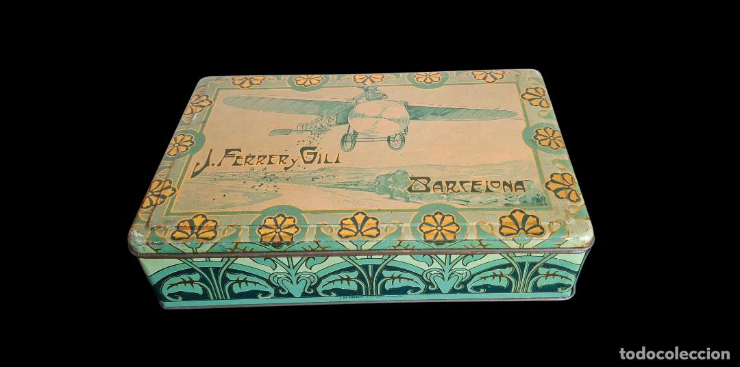 Cajas y cajitas met&aacute;licas: (LA-260407) ata litografiada modernista Dulces J. Ferrer y Gili - Aviaci&oacute;n Bombones