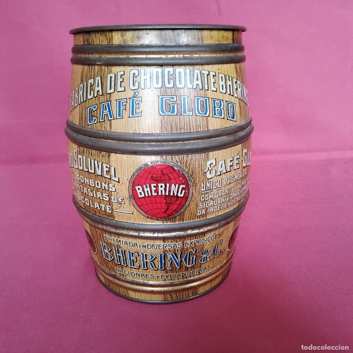 Cajas y cajitas met&aacute;licas: Antigua caja con publicidad de F&aacute;brica de Chocolate Bhering y Caf&eacute; Globo Bhering