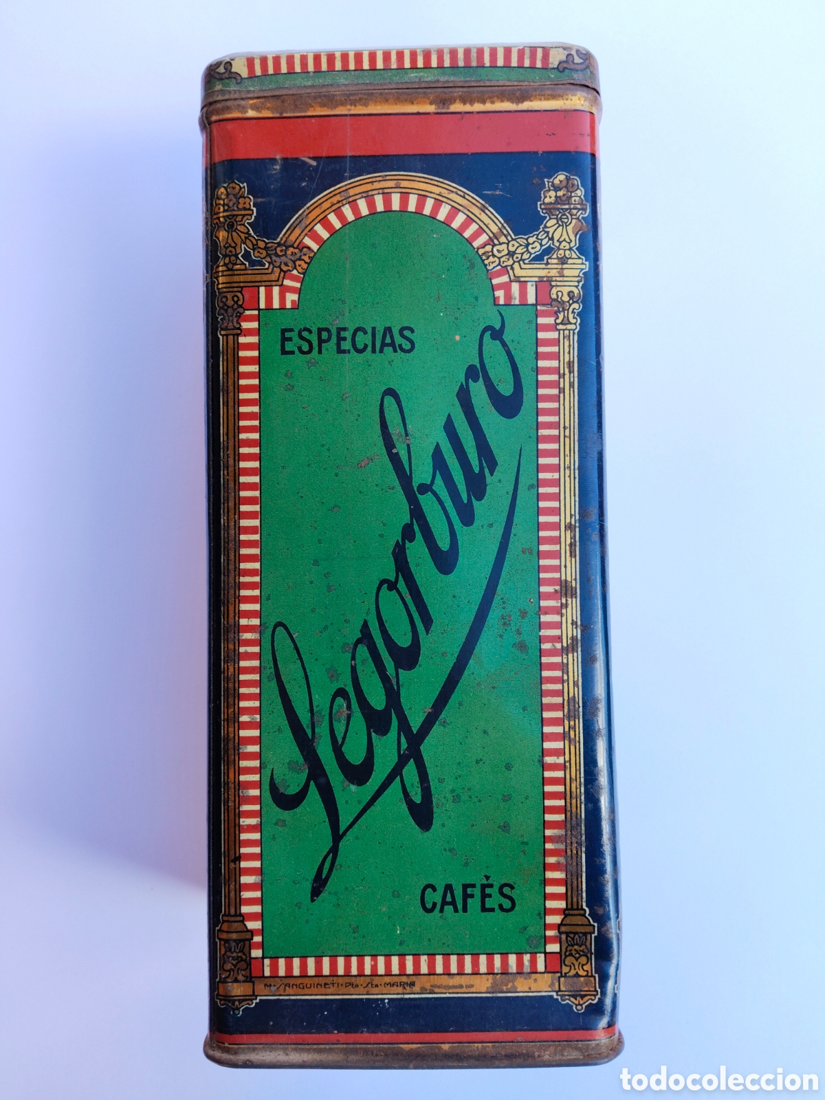 Cajas y cajitas met&aacute;licas: ANTIGUA Y PRECIOSA CAJA DE CHAPA LATA LITOGRAF&Iacute;ADA DE LEGORBURO ALBACETE - CAFES SALAZONES ESPECIAS