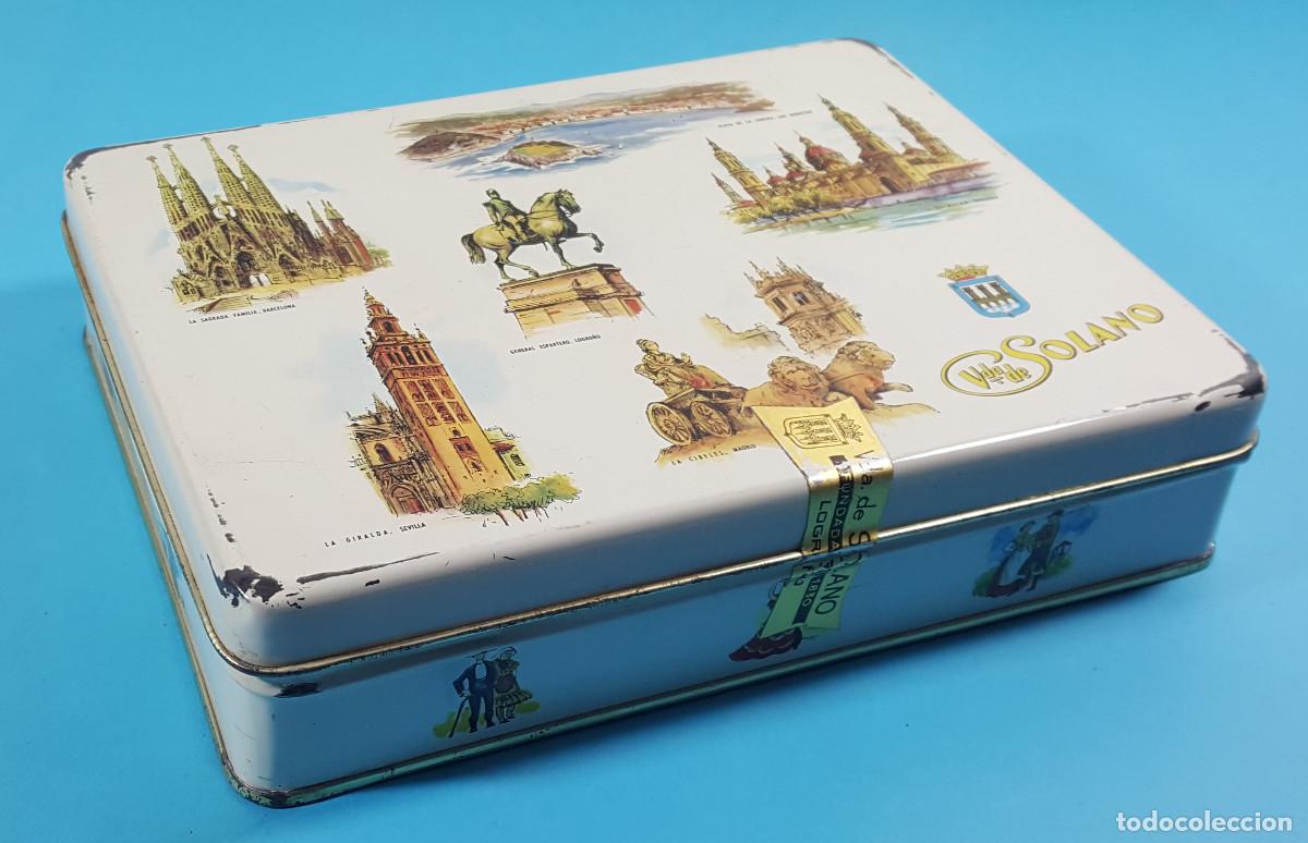 Cajas y cajitas met&aacute;licas: LATA VIUDA DE SOLANO, 500 GRS SURTIDO NATA MOKA, LOGRO&Ntilde;O MADRID BARCELONA SEVILLA ZARAGOZA SAN SEB..